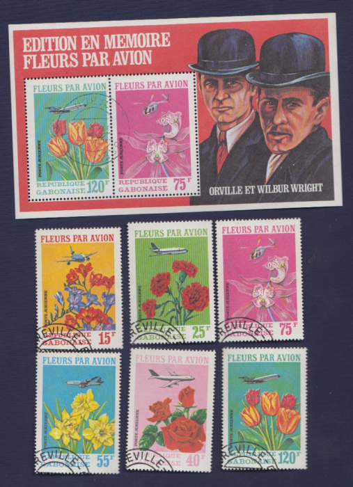Набор марок Габон 1971 год (6 марок и блок) &quot;Цветы, авиация, Брайтья Райт&quot;, Негашеные, AU
